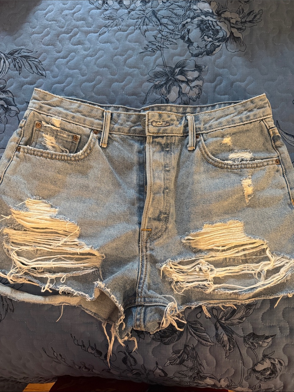 GRLFRND Light Blue Distressed Denim Shorts